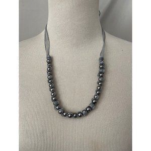 Dusty Blue Ribbon and Faux Pearl One-Strand Tie Back Necklace